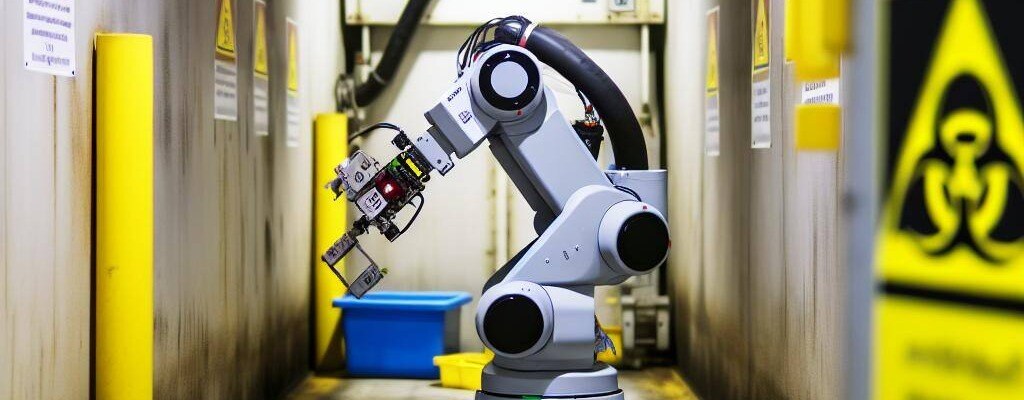 A minirobot excavator working in a confined industrial cleaning space, removing hazardous materials with precision and efficiency-1